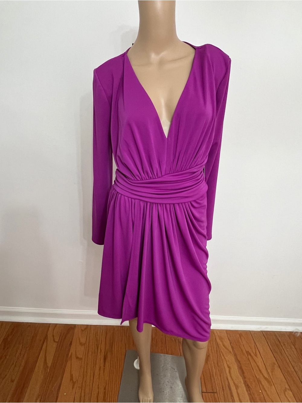Express Magenta Plunge V-Neck Long Sleeve Draped Dress